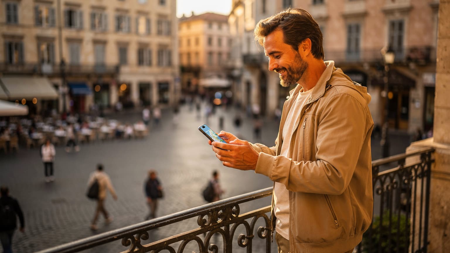A traveler on a city balcony looking at a smartphone, with a scenic European city in the background, depicting seamless travel connectivity.