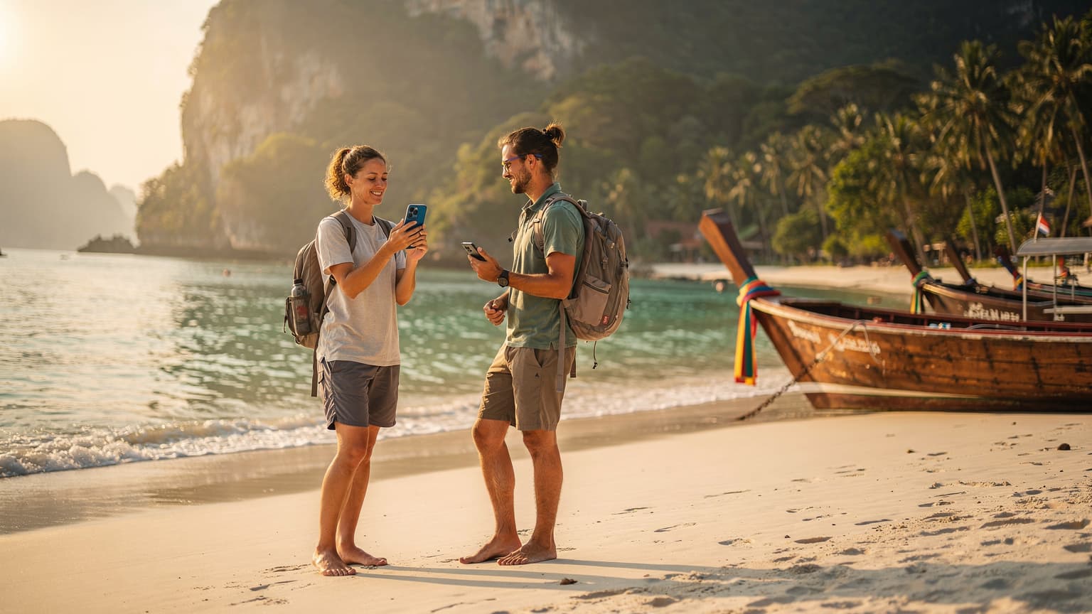 A traveler holding a smartphone on a beautiful Thai beach at sunset, with longtail boats in the background, conveying modern connectivity in an exotic travel destination.