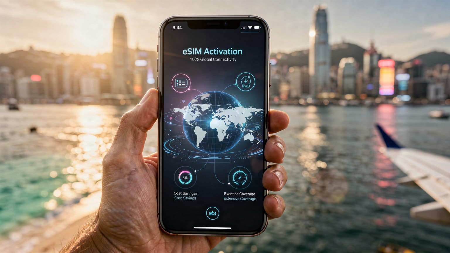 A person holding a smartphone with an eSIM interface, set against a blurred background of Hong Kong's skyline and global travel elements, in a cinematic, natural light style.