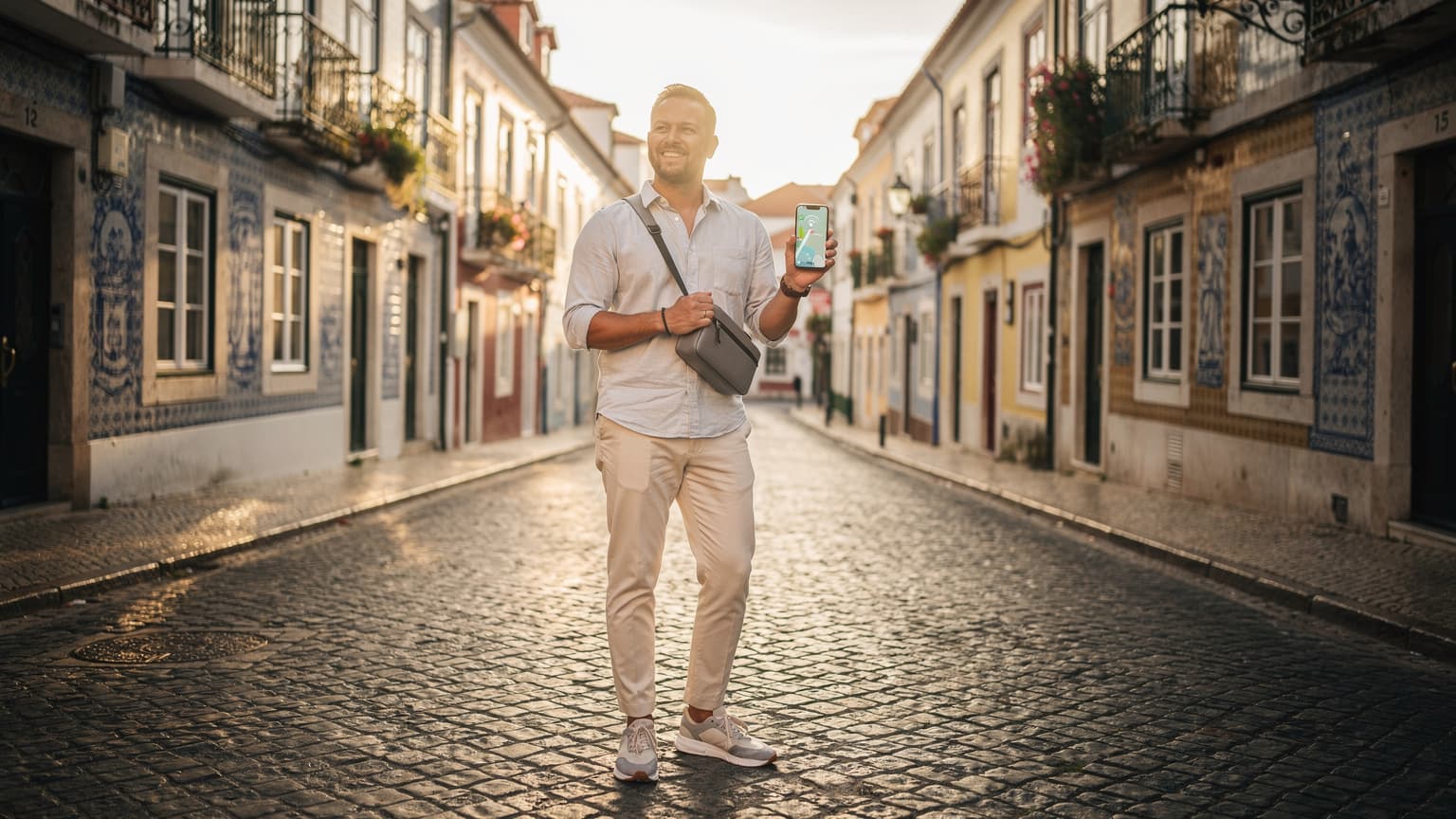 A traveler holding a smartphone on a vibrant, sunlit street in a historic Portuguese city, symbolizing modern travel connectivity.