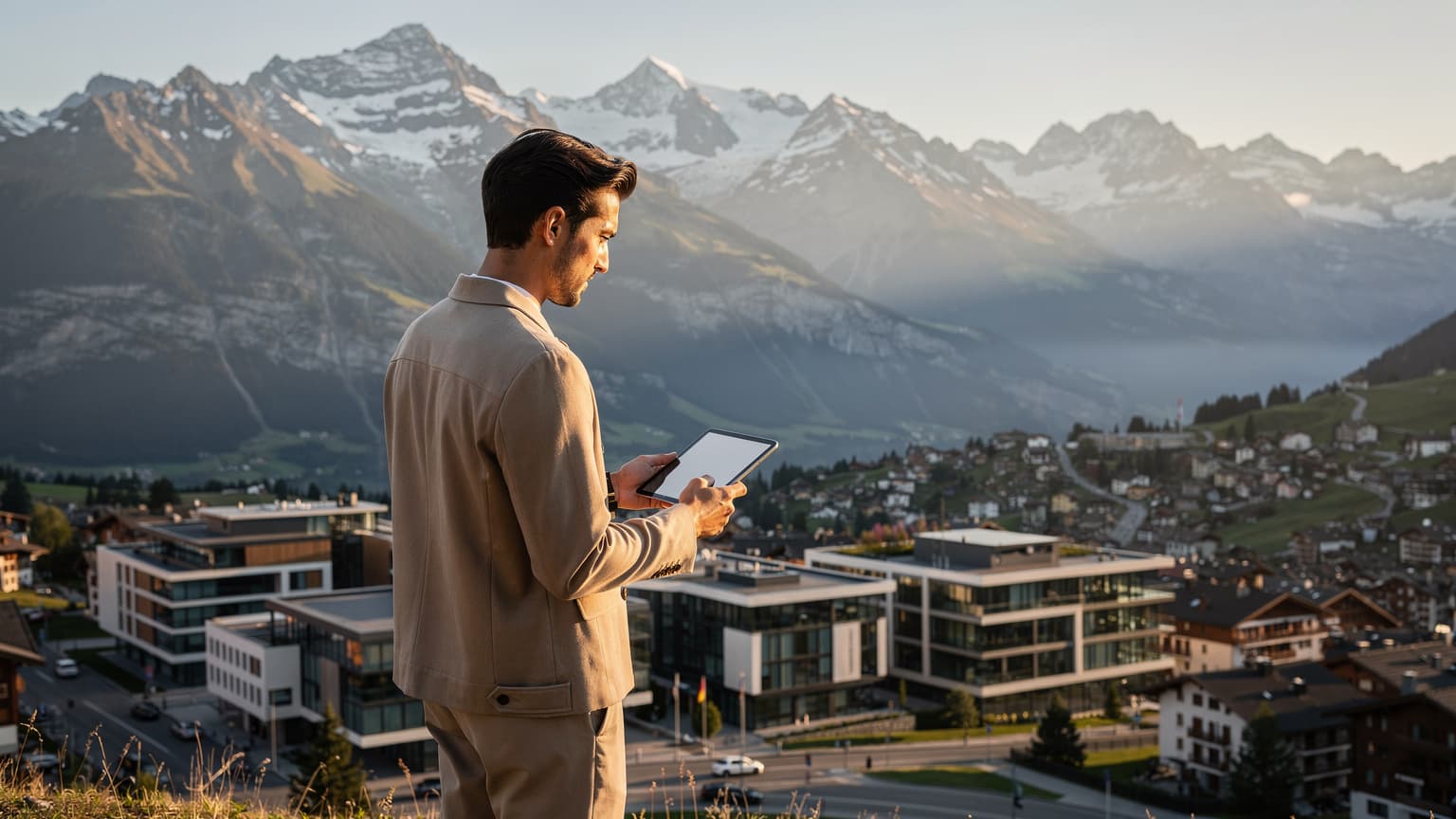 A traveler uses a smartphone in a scenic Swiss landscape, blending modern technology with the beauty of the Alps and a charming town, symbolizing seamless connectivity for travel.
