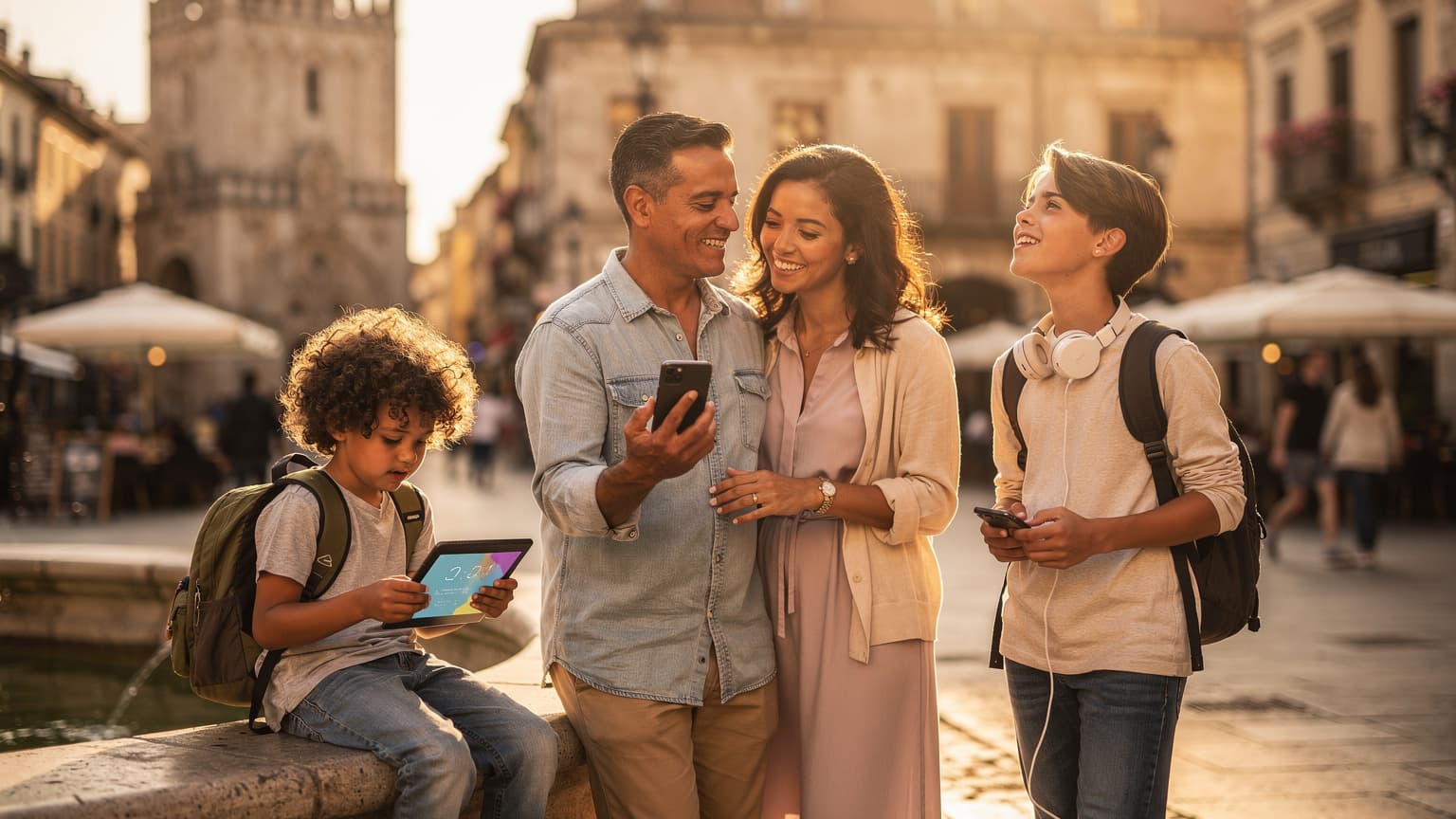 A diverse family happily using smartphones and tablets in a sunlit European city square, symbolizing effortless global connectivity and joyful travel experiences.