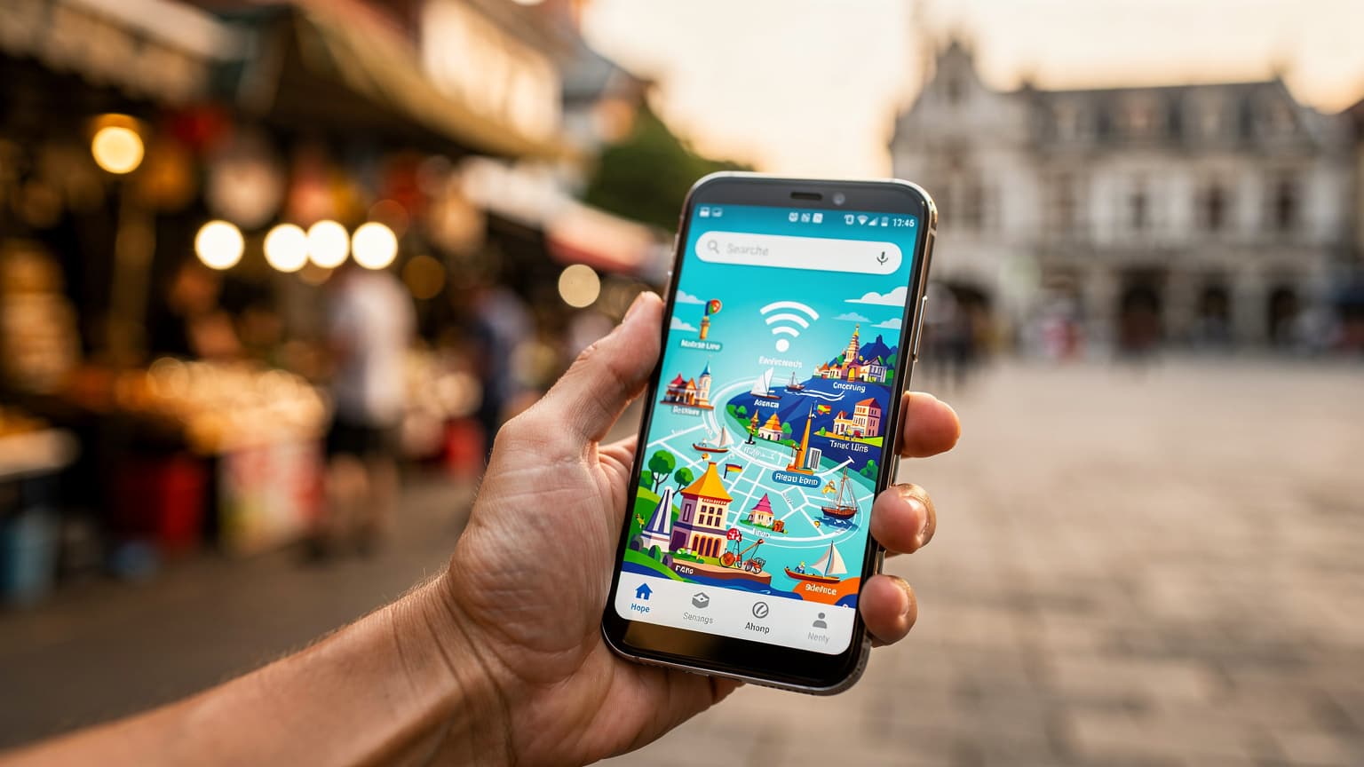 A hand holding a smartphone displaying full network signal and a travel app, set against a blurred backdrop of a vibrant international city, symbolizing reliable global connectivity.