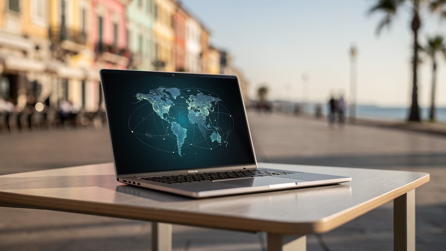 A photorealistic hero image depicting a modern laptop open on a table in a beautiful, sunlit travel location. The screen shows an abstract graphic symbolizing global eSIM connectivity. The background is a blurred scenic view, conveying effortless connection while traveling.