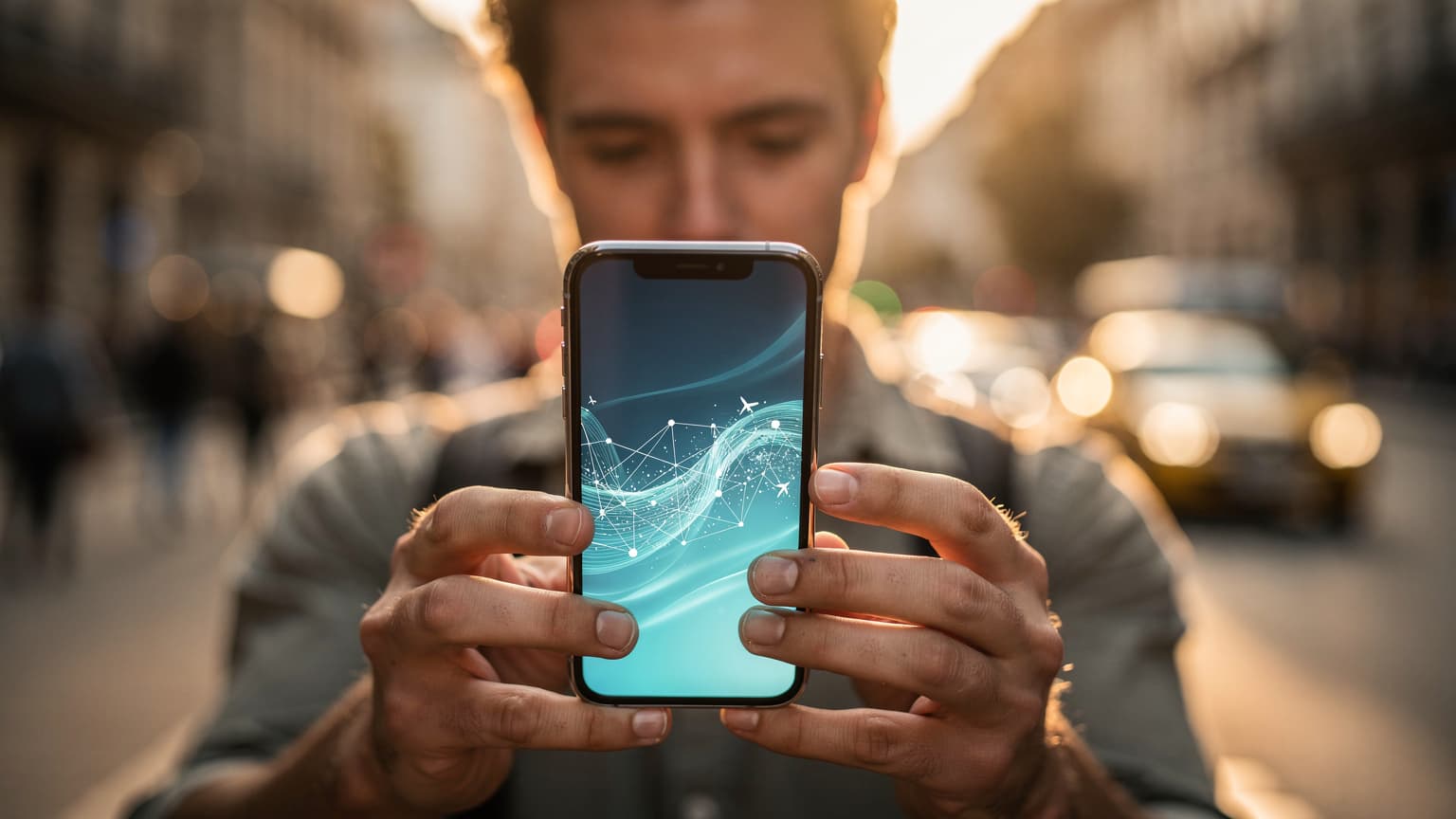 A close-up of hands holding a smartphone, with a blurred, sunlit background of a vibrant foreign city street, conveying a sense of international travel and digital connectivity. The scene is warm and inviting.