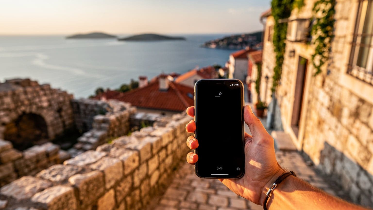 A photorealistic image showing a hand holding a smartphone with a strong signal, set against a beautiful and sunny Balkan landscape, symbolizing effortless internet access during travel.