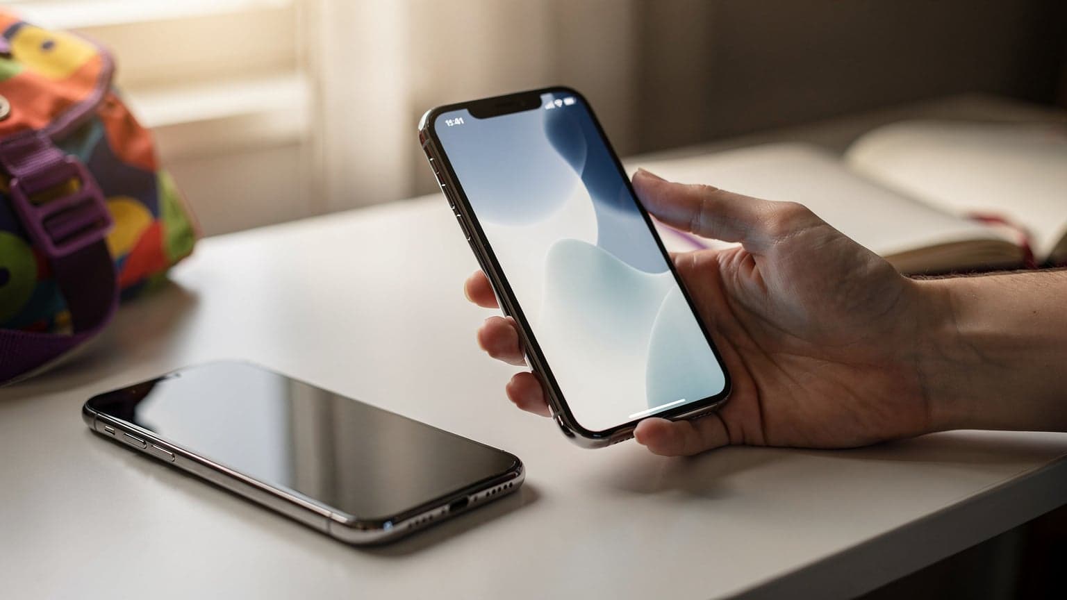 A parent's hand holds a sleek, modern smartphone, with another similar device nearby on a minimalist surface, set against a softly blurred background hinting at family travel. The image illustrates dual eSIM technology and a connected lifestyle.