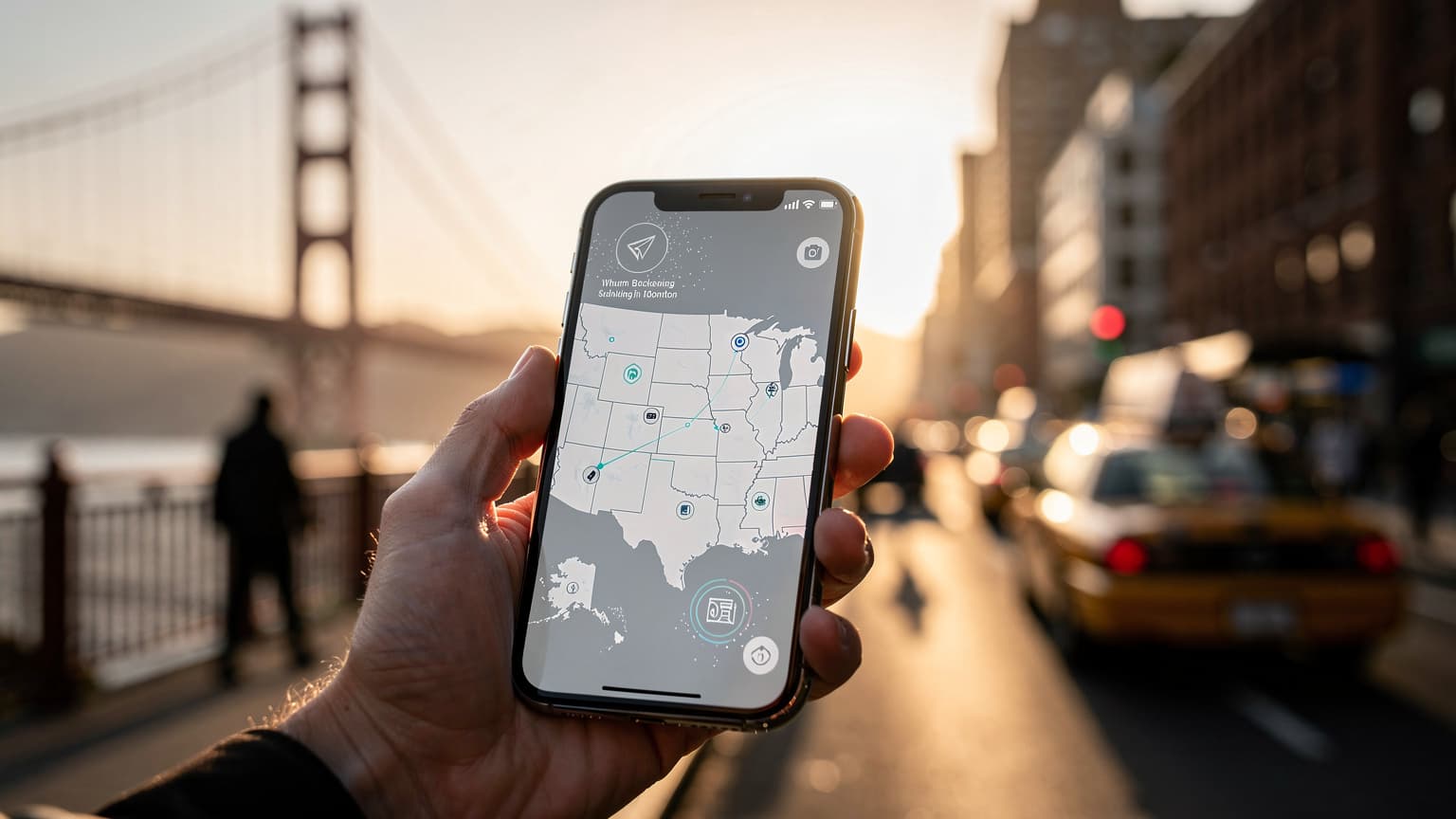 A photorealistic, cinematic image showing a traveler's hand holding a modern smartphone, with a digital map of the USA or data plan options subtly displayed on its screen. The background is a beautifully blurred, iconic American landmark, like the Golden Gate Bridge or a vibrant cityscape, illuminated by warm, natural golden hour light. The image conveys the theme of digital connectivity and data choices for travel in America, without any text or logos.