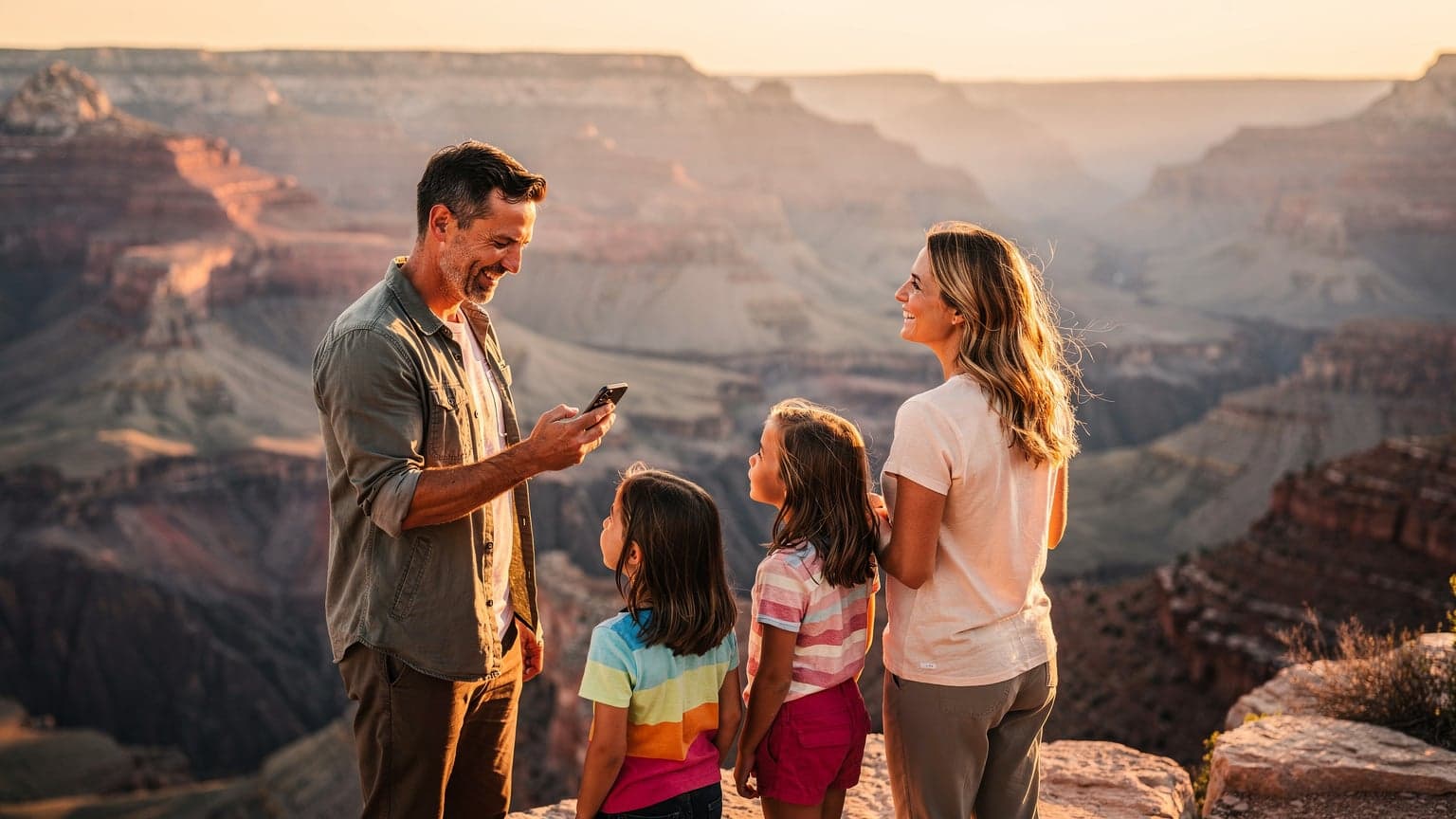 A family of four enjoying a scenic view of the Grand Canyon at sunset, with one parent subtly using a smartphone, symbolizing easy internet connectivity during their US travel.