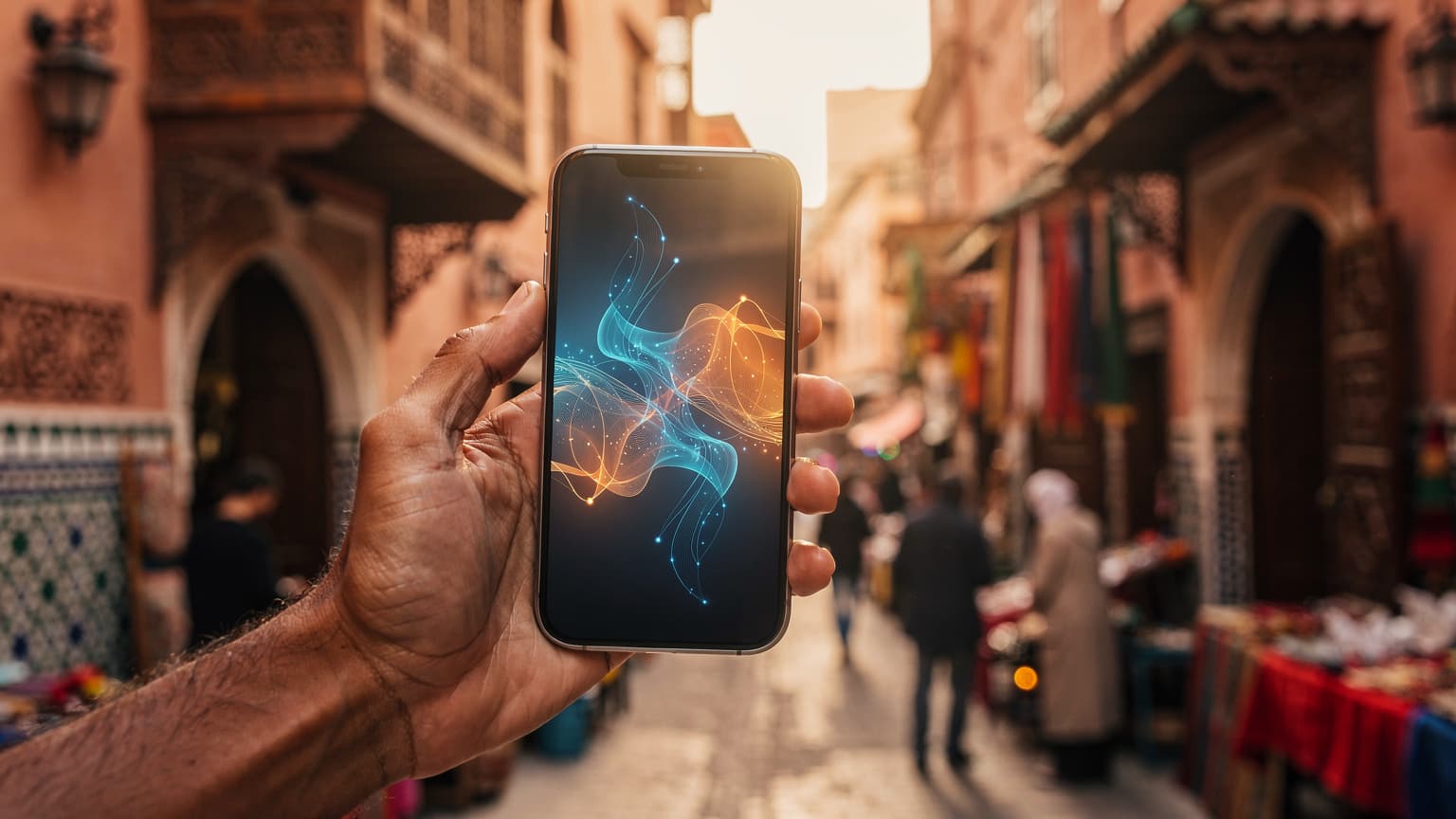 A hand holding a smartphone with an abstract data display against a blurred, sunlit Moroccan street scene.