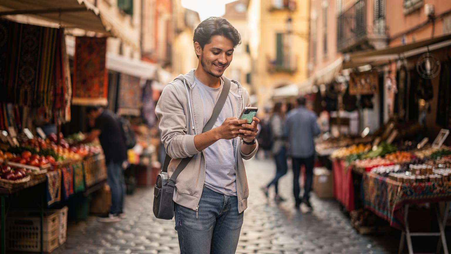 A young adult traveler, smiling subtly while looking at a smartphone in a vibrant, sunlit European street market, symbolizing modern, budget-friendly international travel enabled by technology.