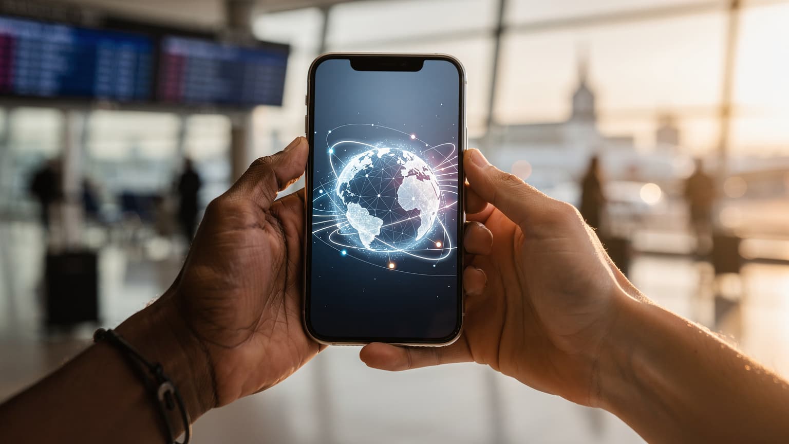 Hands holding a sleek smartphone displaying a global network icon, with a blurred international travel background, symbolizing eSIM activation for seamless connectivity.
