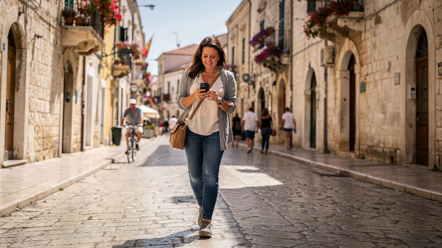 Μια γυναίκα με ένα smartphone στο χέρι, χαμογελάει καθώς περπατάει σε ένα πολυσύχναστο λιθόστρωτο δρομάκι στην Τράνι της Ιταλίας, με φόντο παλιά πέτρινα κτίρια και μια ηλιόλουστη μεσογειακή ατμόσφαιρα.