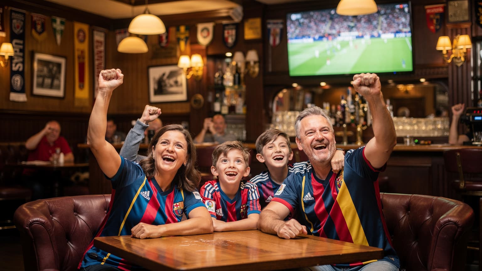 Eine Familie mit zwei Kindern, alle in Fußballtrikots, jubelt vor einem großen Bildschirm in einem Londoner Pub, der das EM-Finale 2026 zeigt.