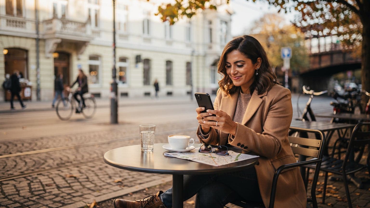 A woman sips coffee outside a bustling café in Berlin's Mitte district, checking her phone for directions on a crisp autumn morning.