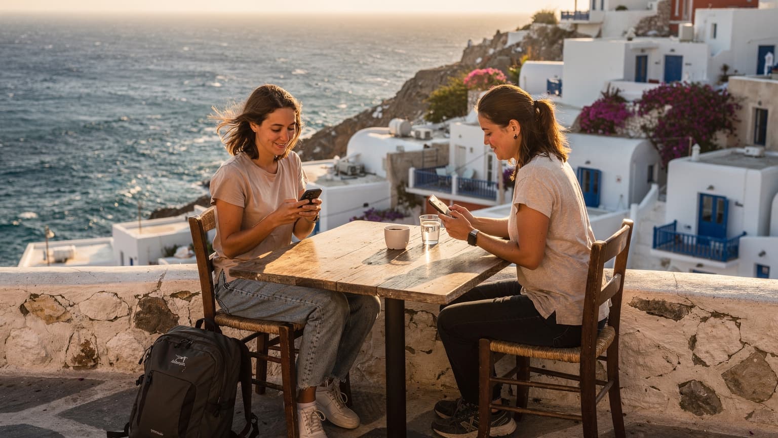 Una mujer joven con una mochila pequeña revisa su teléfono en una terraza con vista al mar Mediterráneo, con sombrillas y edificios blancos de fondo en Miconos al atardecer.