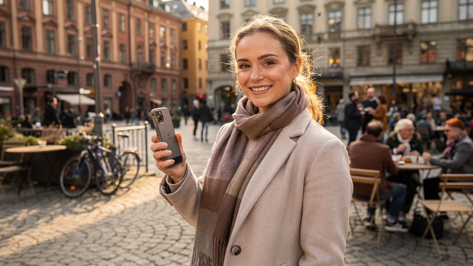 En kvinne med mørkt hår smiler mens hun holder en iPhone i hånden, med et travelt torg i Oslo, som Youngstorget, i bakgrunnen under en solfylt høstdag.