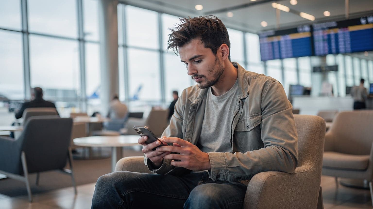 A traveler in an airport lounge, looking at their iPhone 18 with a focused expression, anticipating their flight.