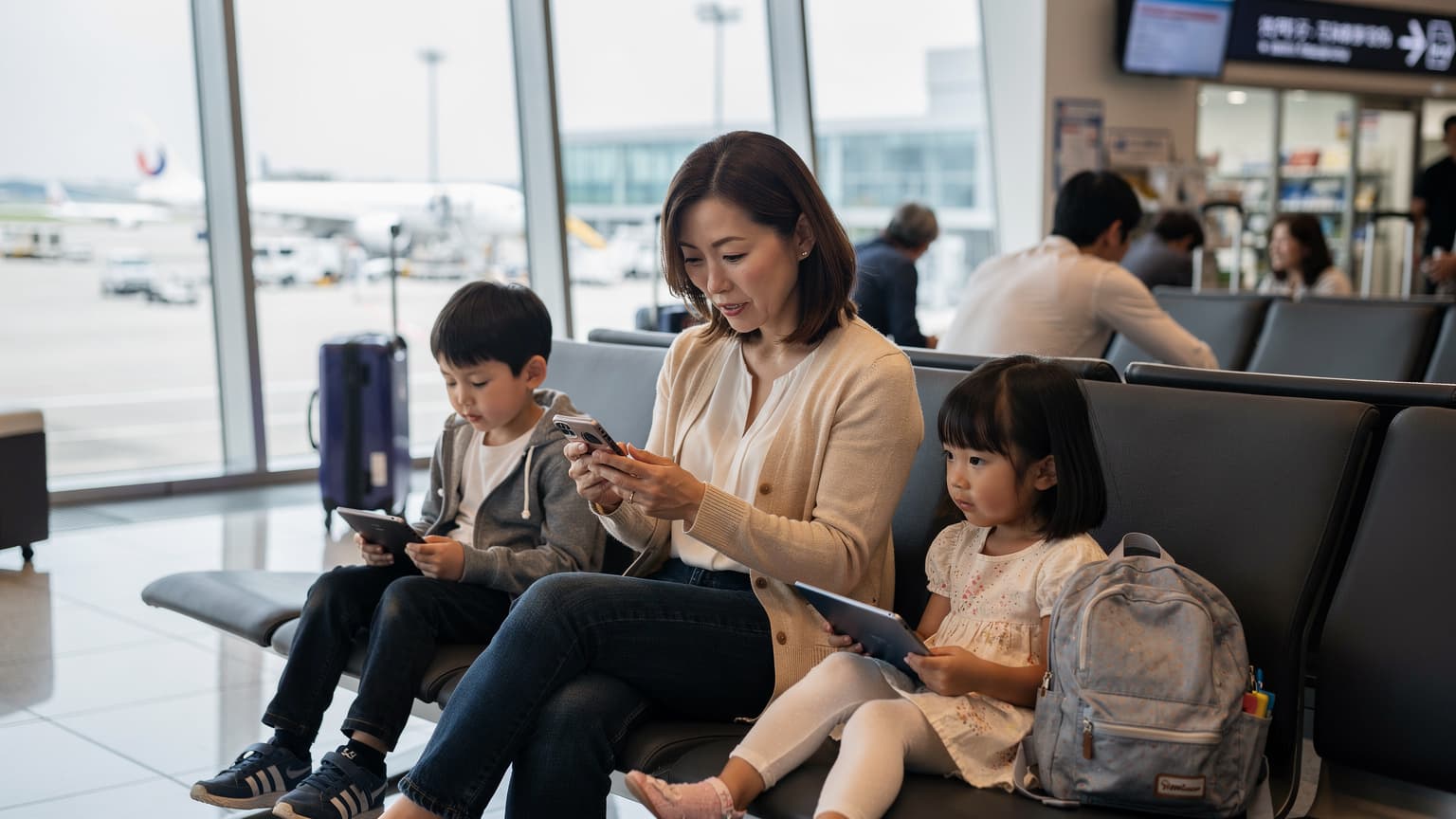 お盆休みの旅行で、空港の出発ロビーで子供たちを落ち着かせながらスマートフォンでeSIMをセットアップしている日本の母親。