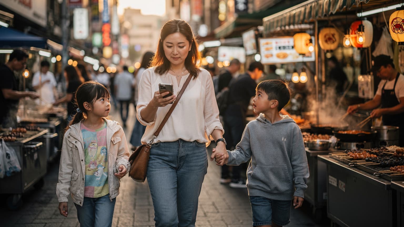 ソウル市内の賑やかな明洞通りで、母親が子どもたちと手を繋ぎながらスマートフォンで地図を確認している様子。夕暮れ時で、周囲の屋台の明かりが温かく通りを照らしている。