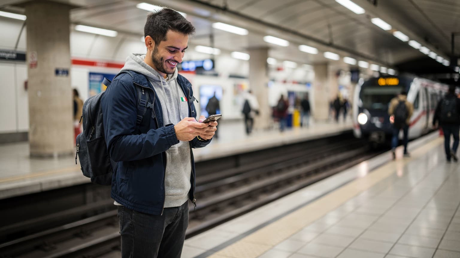 Un viaggiatore italiano con uno zaino leggero e una bandiera italiana discreta, in piedi sulla piattaforma della stazione di Châtelet-Les Halles a Parigi, mentre consulta il suo smartphone con uno sguardo soddisfatto, con un treno RER in arrivo sullo sfondo sfocato.