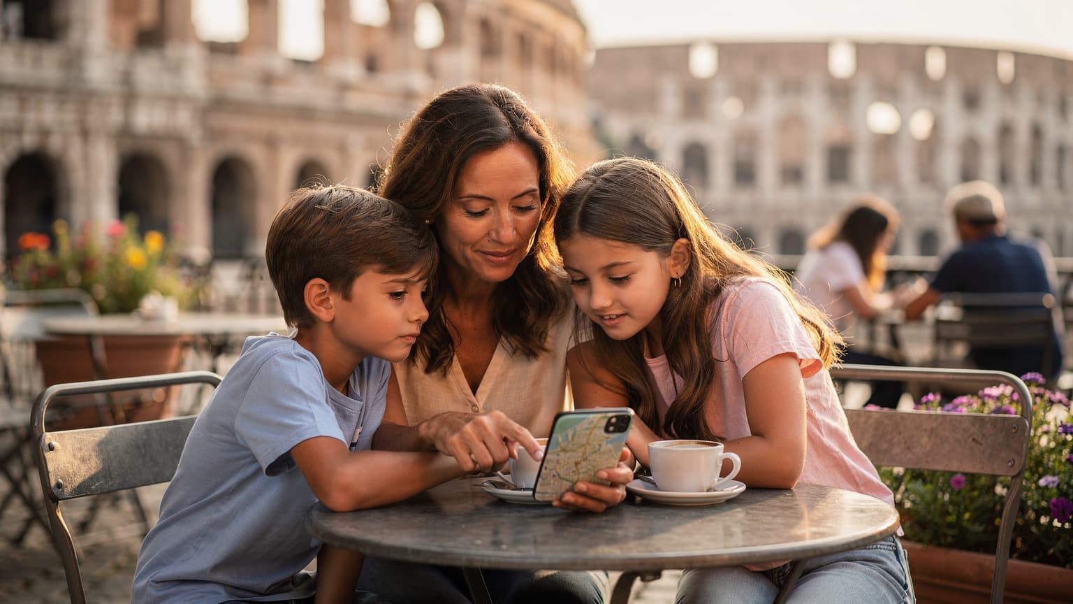 A mother sitting at a café table in Rome, gently showing her two children a map on her phone, with ancient Roman ruins visible in the background.