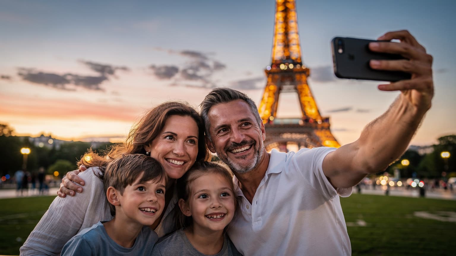 Una familia, con dos niños pequeños y dos adultos, sonríe y toma una selfie frente a la Torre Eiffel iluminada al atardecer en París, celebrando su viaje a los Juegos Olímpicos.