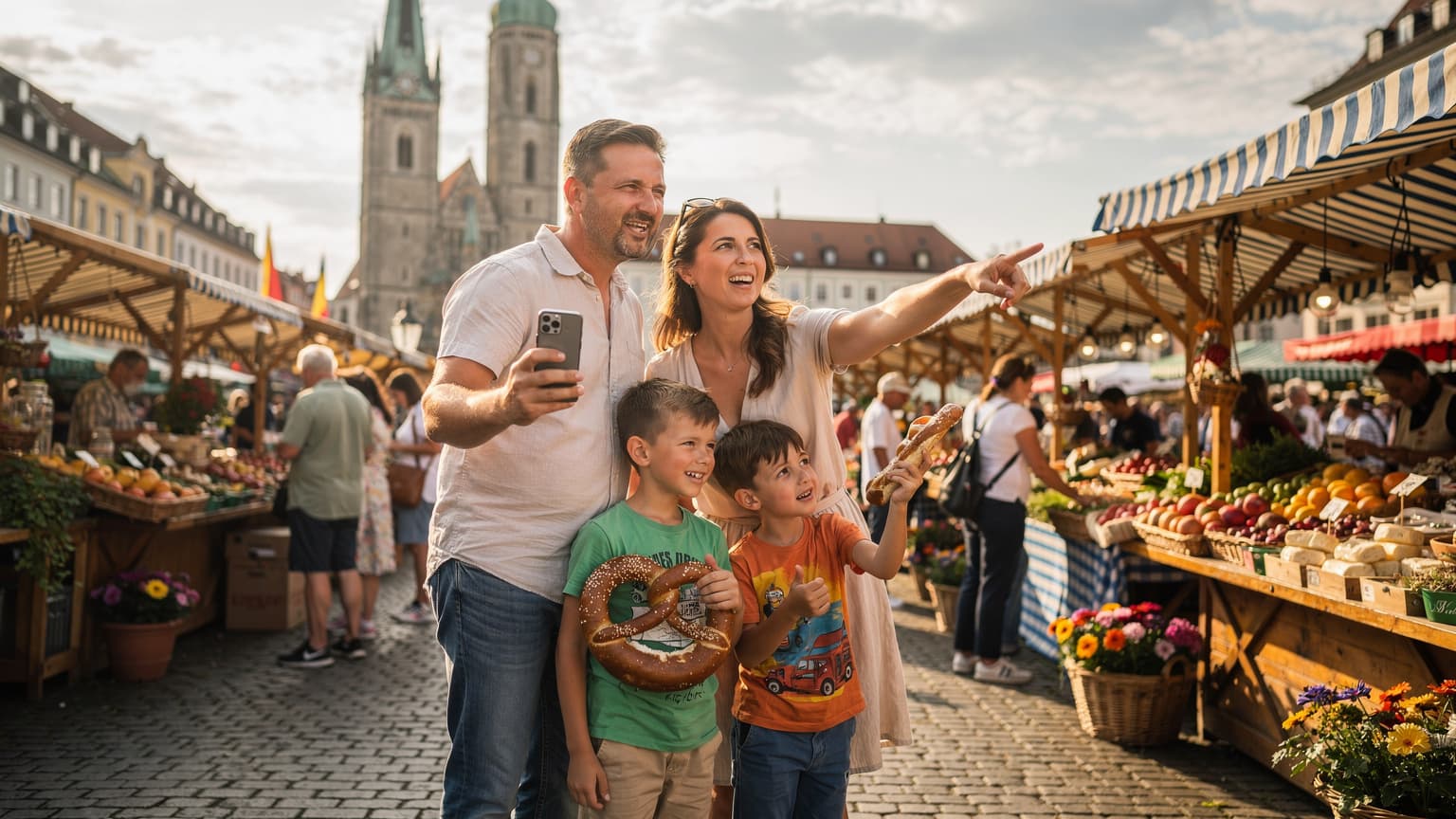 O familie română, doi părinți și doi copii, zâmbind fericiți în timp ce navighează cu un telefon prin piața colorată Viktualienmarkt din München, cu celebra Frauenkirche în fundal.