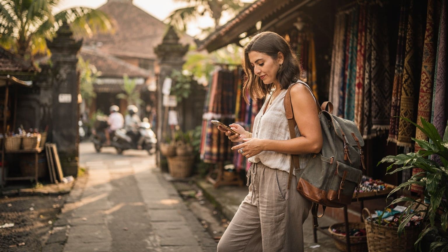 A woman stands on a bustling street in Ubud, Bali, looking at her phone, surrounded by vibrant local shops and motorbikes, with lush greenery in the background.