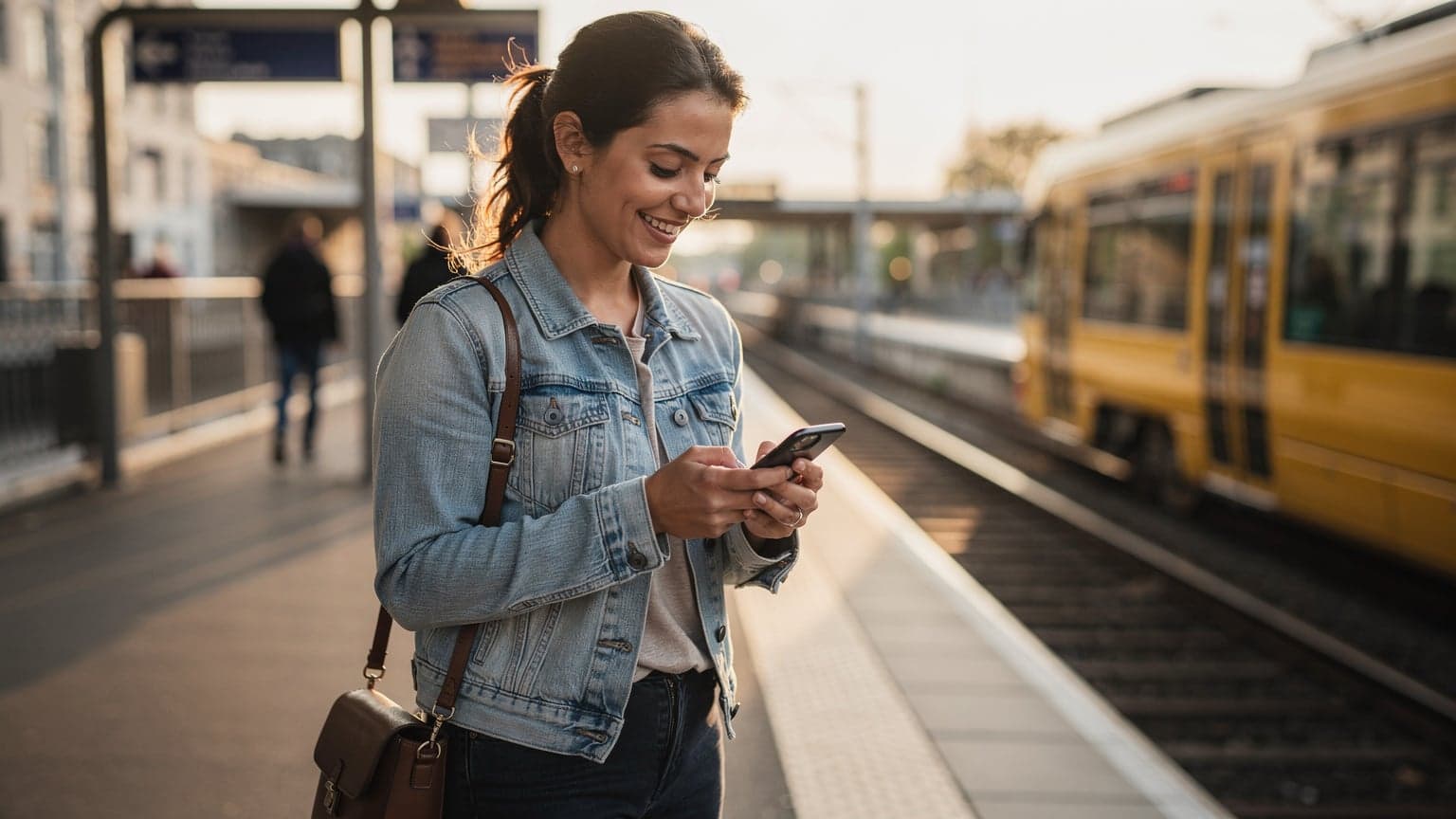 Une voyageuse souriante sur un quai de gare à Berlin, consultant son téléphone avec un tramway BVG en arrière-plan, en fin de journée.