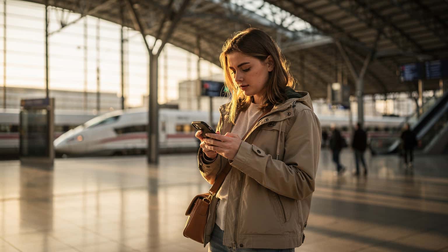 O tânără călătoare verifică o hartă digitală pe telefonul ei în timp ce stă pe o bancă într-o gară modernă din Berlin, cu trenuri ICE în fundal, la ora de aur.