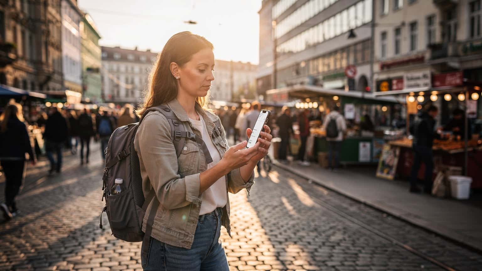 O femeie cu un telefon compatibil eSIM în mână, verificând harta într-o piață aglomerată din Berlin, cu clădiri istorice în fundal, la apus.