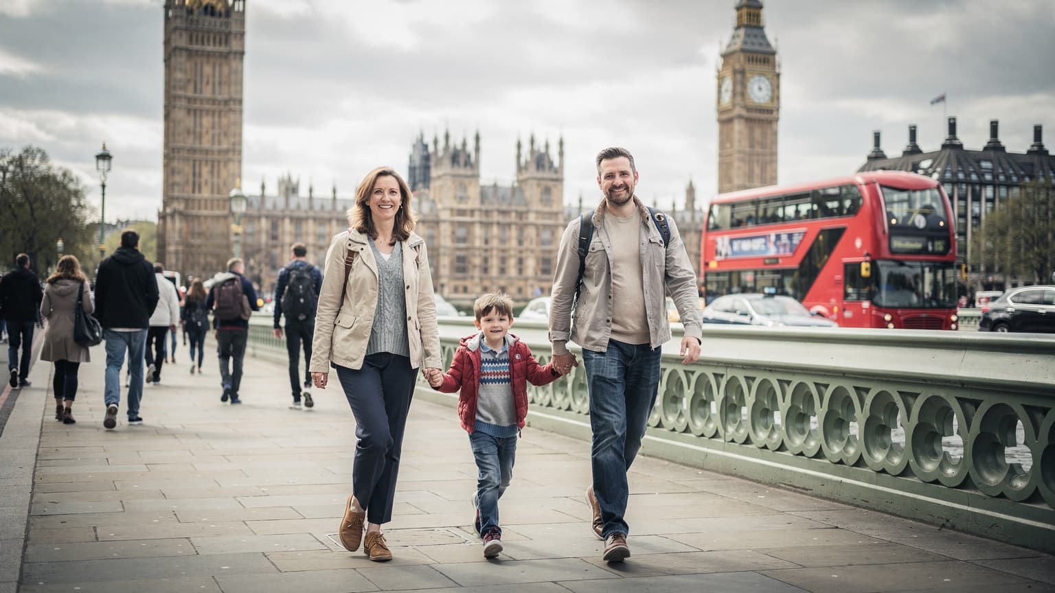 Londra'daki bir köprüde, arka planda ikonik saat kulesi ve kırmızı çift katlı otobüslerle birlikte, çocukları olan mutlu bir ailenin çekilmiş fotoğrafı.