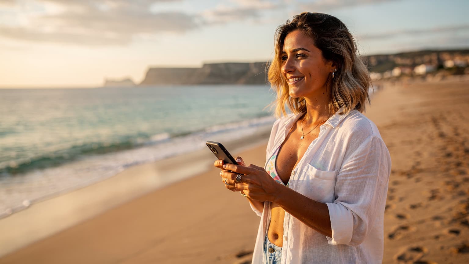Mulher sorridente usa seu smartphone na praia do Porto Santo, em Portugal, durante o pôr do sol, com águas claras e areia dourada ao fundo.
