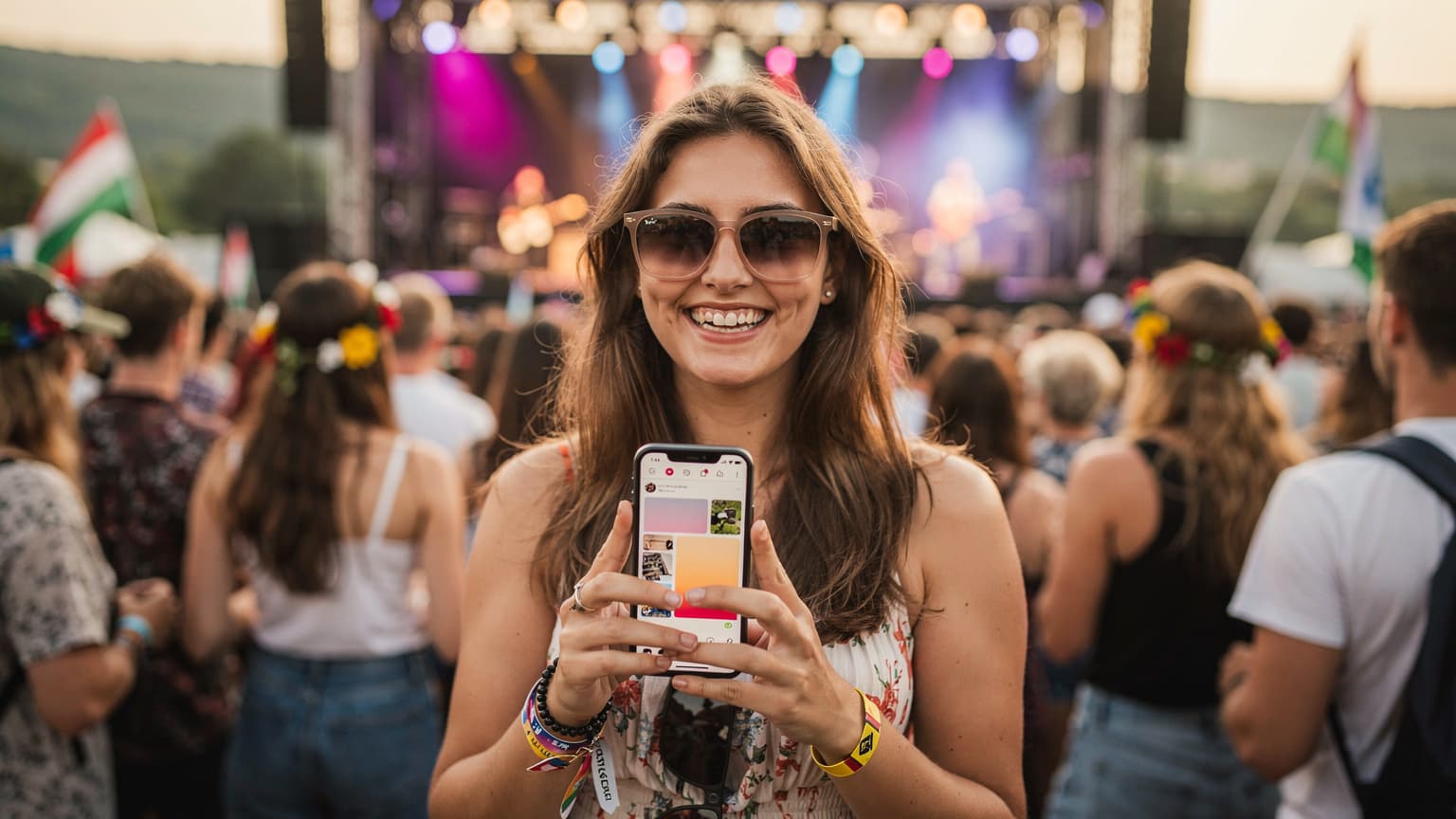 Mladá žena s festivalovým náramkem na zápěstí a slunečními brýlemi na hlavě se usmívá a drží telefon s otevřenou aplikací pro sdílení fotek, zatímco za ní probíhá koncert na hudebním festivalu.