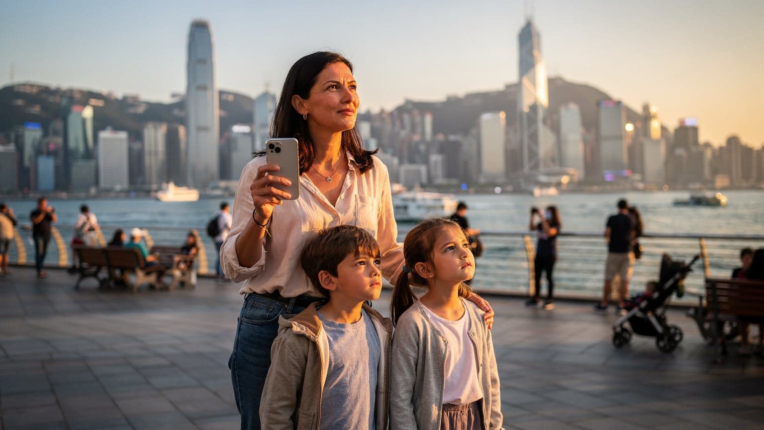 一個媽媽在香港維多利亞港邊,一手拿著她的 iPhone,另一手牽著兩個孩子,背景是壯麗的城市天際線和穿梭的船隻。