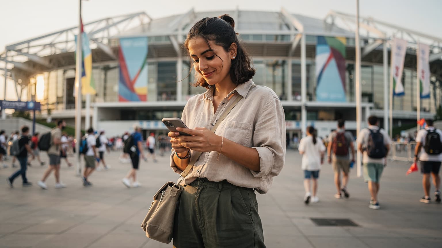 Paris'teki 2026 Yaz Olimpiyatları sırasında bir spor arenasının dışındaki kalabalıkta akıllı telefonunda eSIM kurulumunu kontrol eden genç bir Türk kadın.