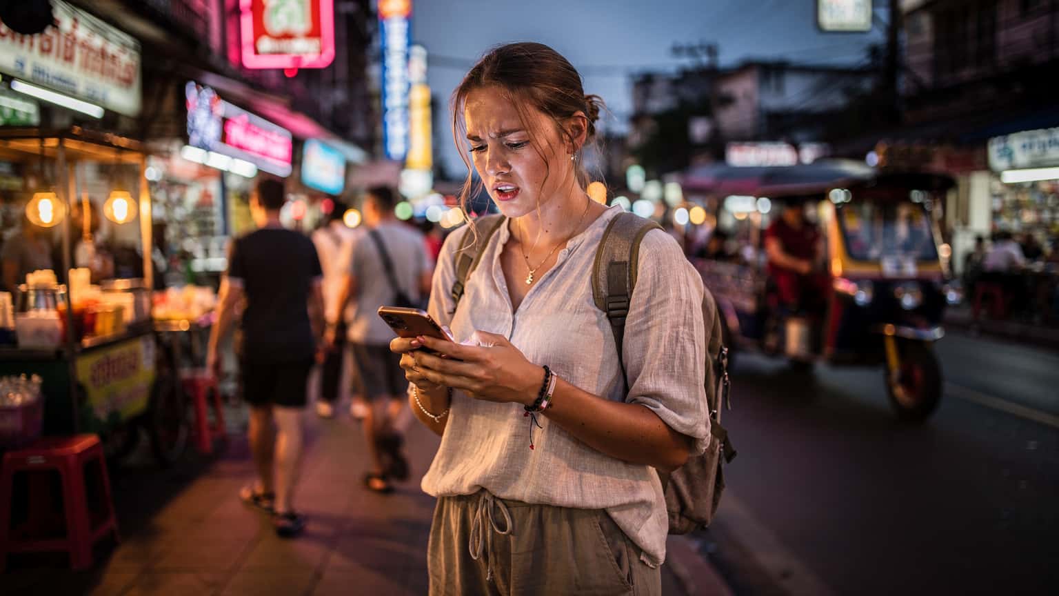 En reisende kvinne sjekker sin smarttelefon for dekning i en travel gate i Bangkok, omgitt av neonskilt og tuk-tuker i skumringen.