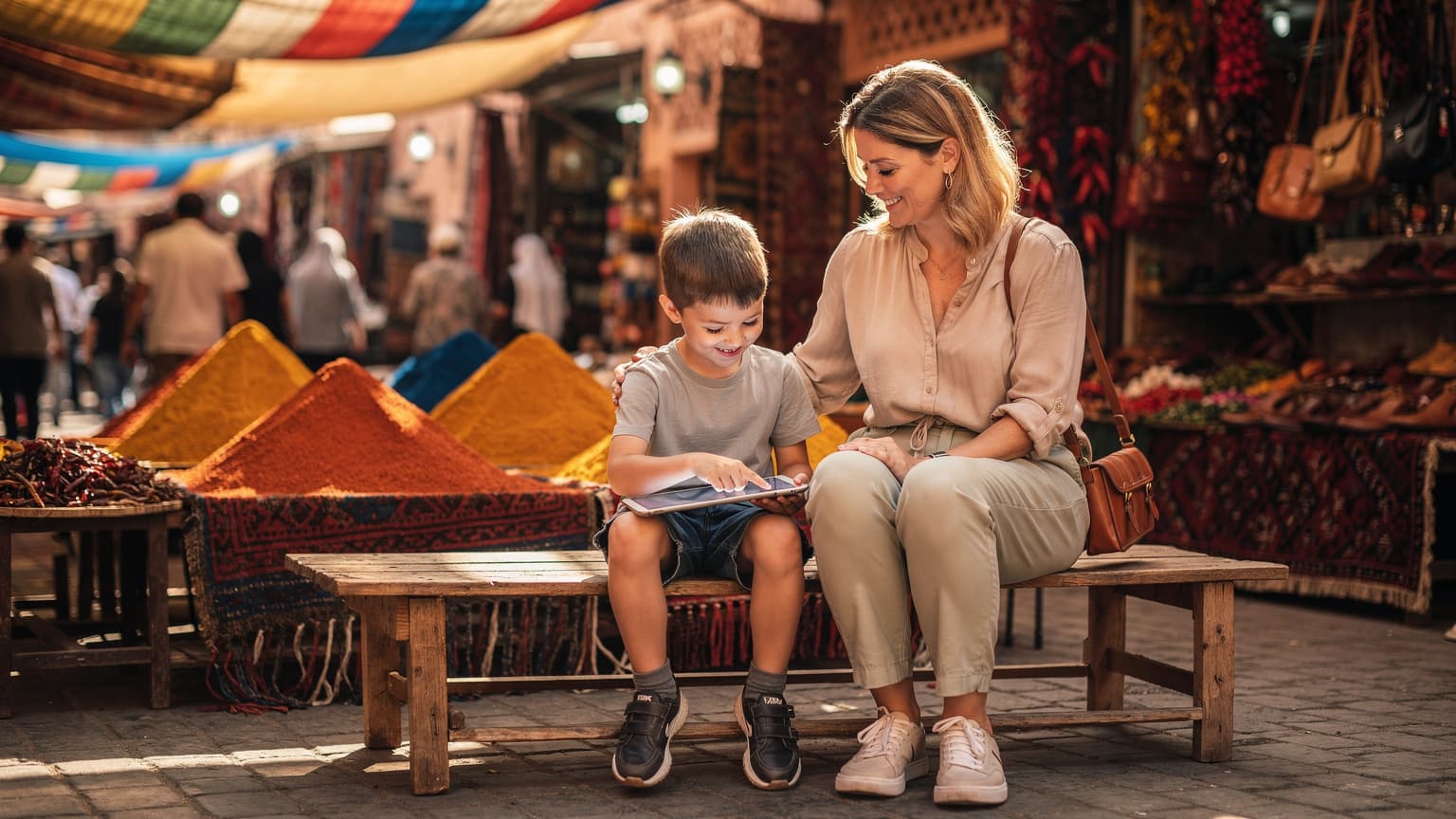 Una mamma sorride mentre il figlio le mostra qualcosa sul suo tablet, seduti su una panchina in un vivace mercato di Marrakech, con spezie colorate e tessuti sullo sfondo.