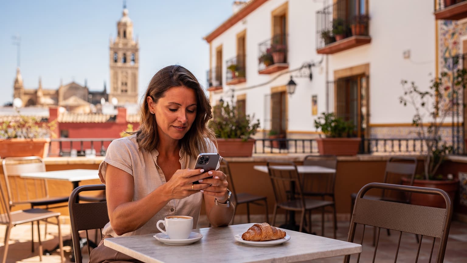 Une femme souriante, visage éclairé par l'écran de son smartphone, assise à la terrasse d'un café traditionnel à Séville, Espagne, avec la Giralda en arrière-plan sous un ciel bleu.
