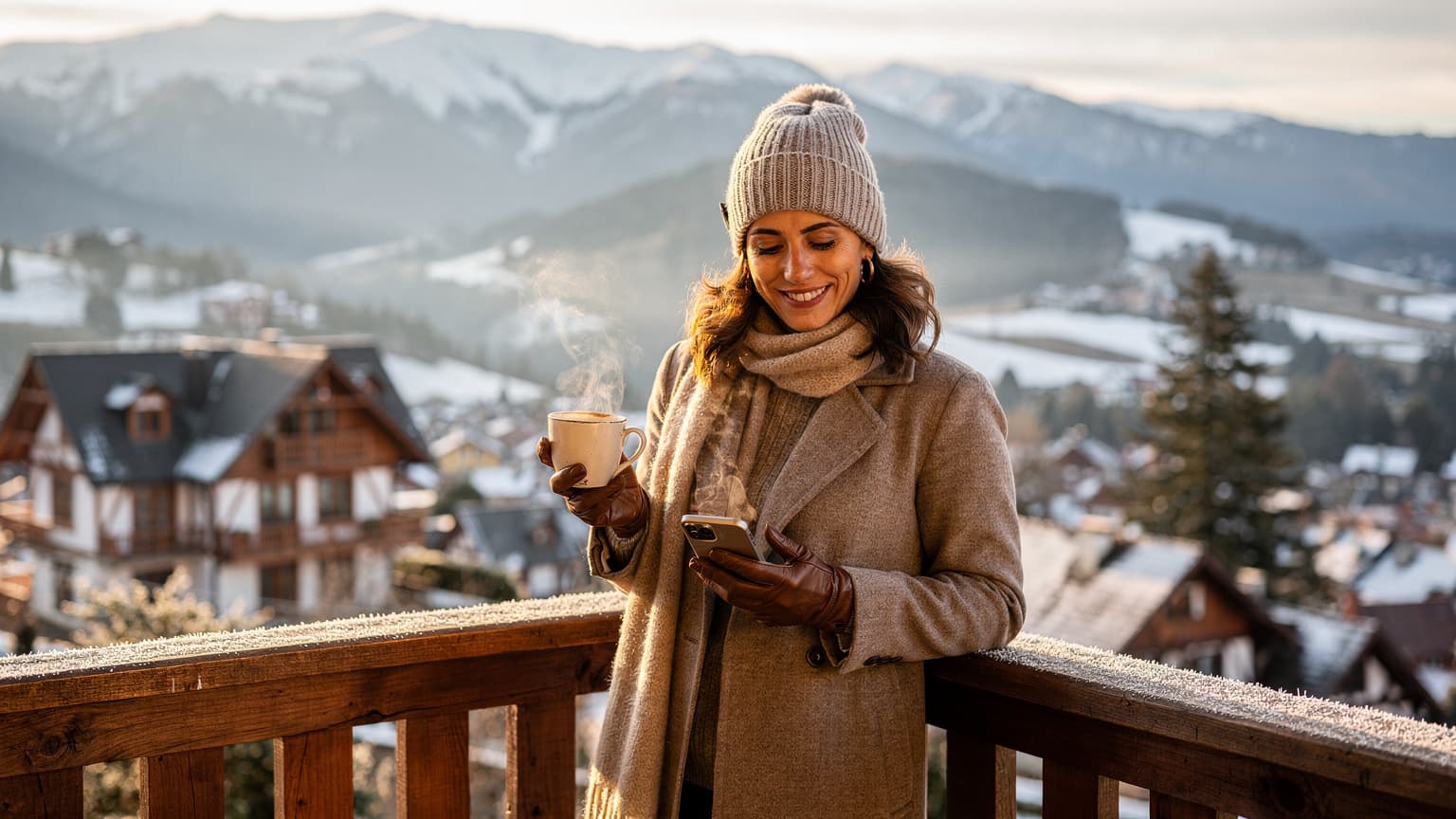 Uma mulher sorridente em um casaco de inverno, tomando café em uma sacada com vista para as montanhas nevadas da Serra Gaúcha, com seu smartphone na mão.