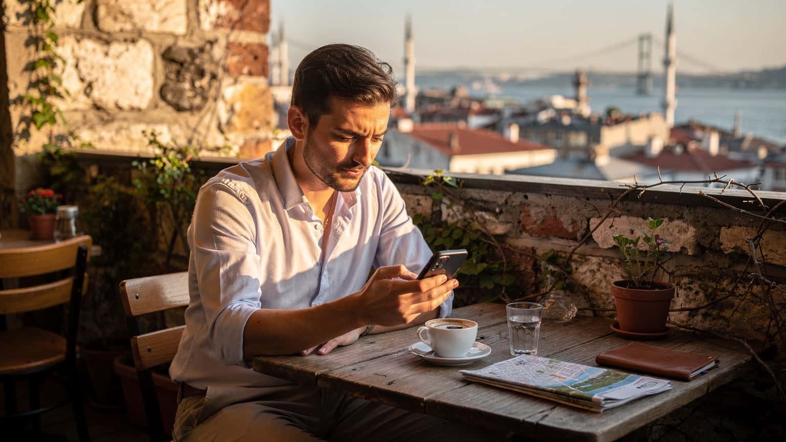 Eine Person sitzt an einem Tisch in einem belebten Istanbuler Café, blickt auf ihr Smartphone und genießt einen türkischen Mokka mit Blick auf die Bosporus-Brücke.