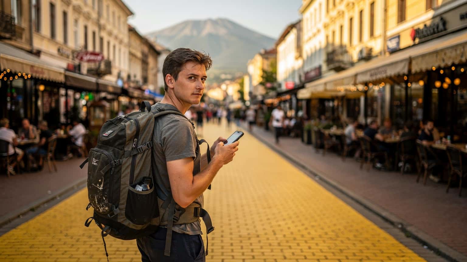 Sofya'daki Vitosha Bulvarı'nda, elinde akıllı telefonuyla Cellesim uygulamasına bakan bir sırt çantalı gezgin.