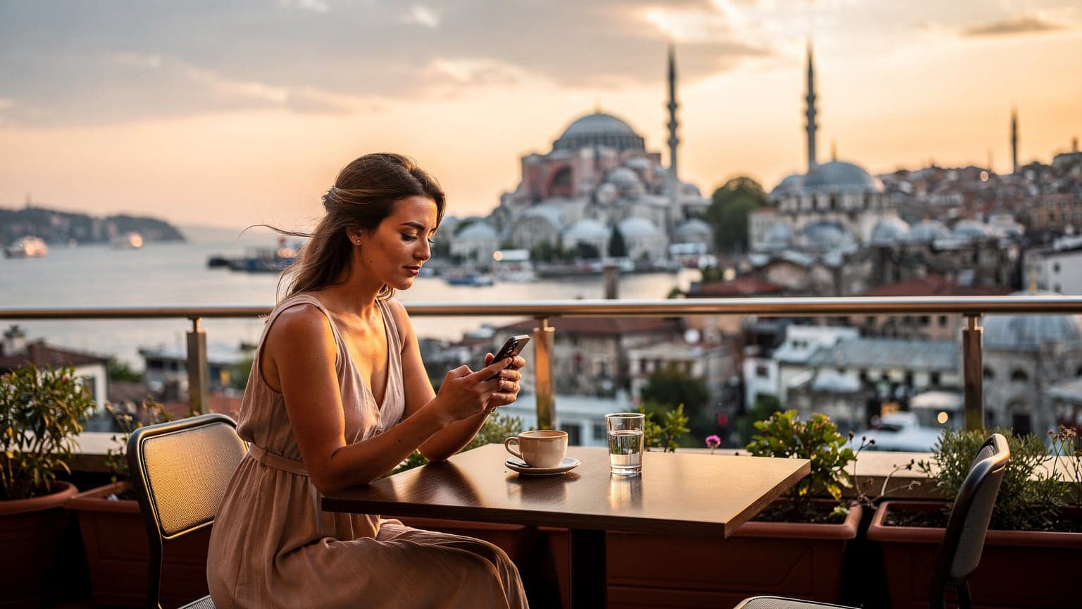 Een vrouw in een zomerjurk kijkt naar haar telefoon terwijl ze zit op een dakterras in Istanbul met uitzicht op de Bosporus en de Sultanahmet-moskee bij zonsondergang.