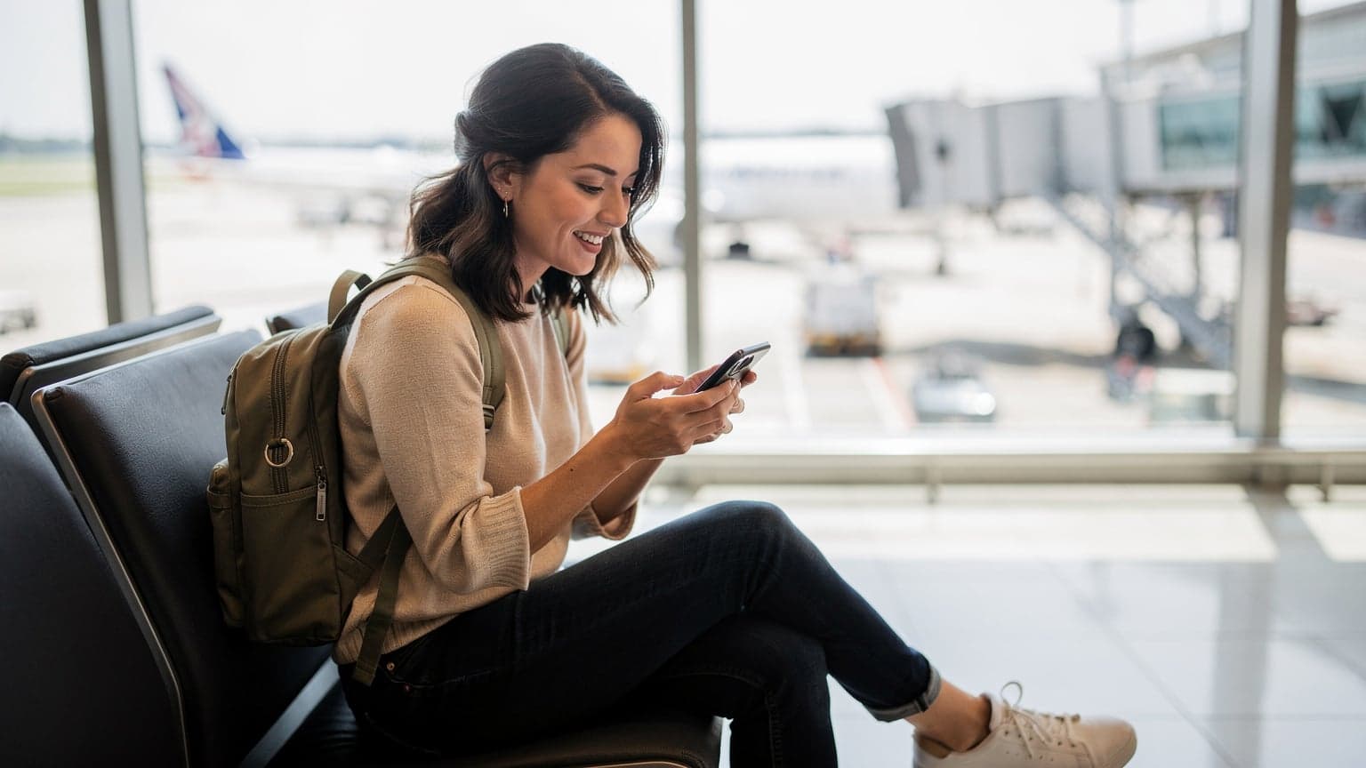 Seorang wanita tersenyum sambil memegang ponsel di dekat gerbang keberangkatan internasional di Bandara Changi Singapura, dengan tas ransel travel modern di sampingnya.