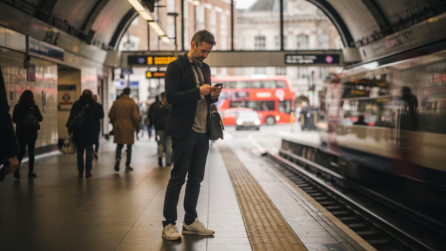 Eine Person überprüft auf einem Smartphone die Zugverbindungen an einer belebten U-Bahn-Station in London, mit dem typischen roten Londoner Bus im Hintergrund.
