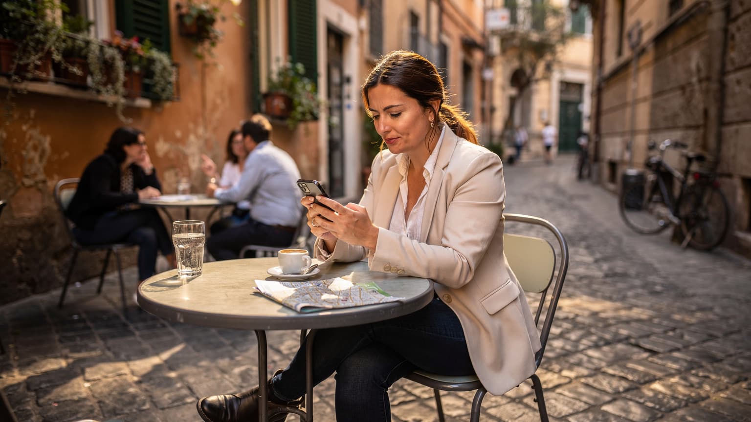 Una donna seduta a un tavolino di un caffè all'aperto nel quartiere di Trastevere a Roma, controlla il suo telefono con un'espressione pensierosa, circondata dall'atmosfera vibrante della città.