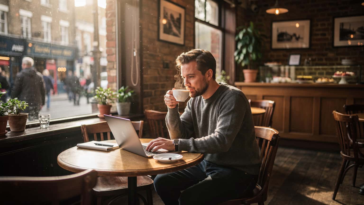 Una persona seduta a un tavolo di un caffè tradizionale inglese a Londra, con una tazza di tè e un laptop aperto, mentre la luce del mattino filtra attraverso la finestra.