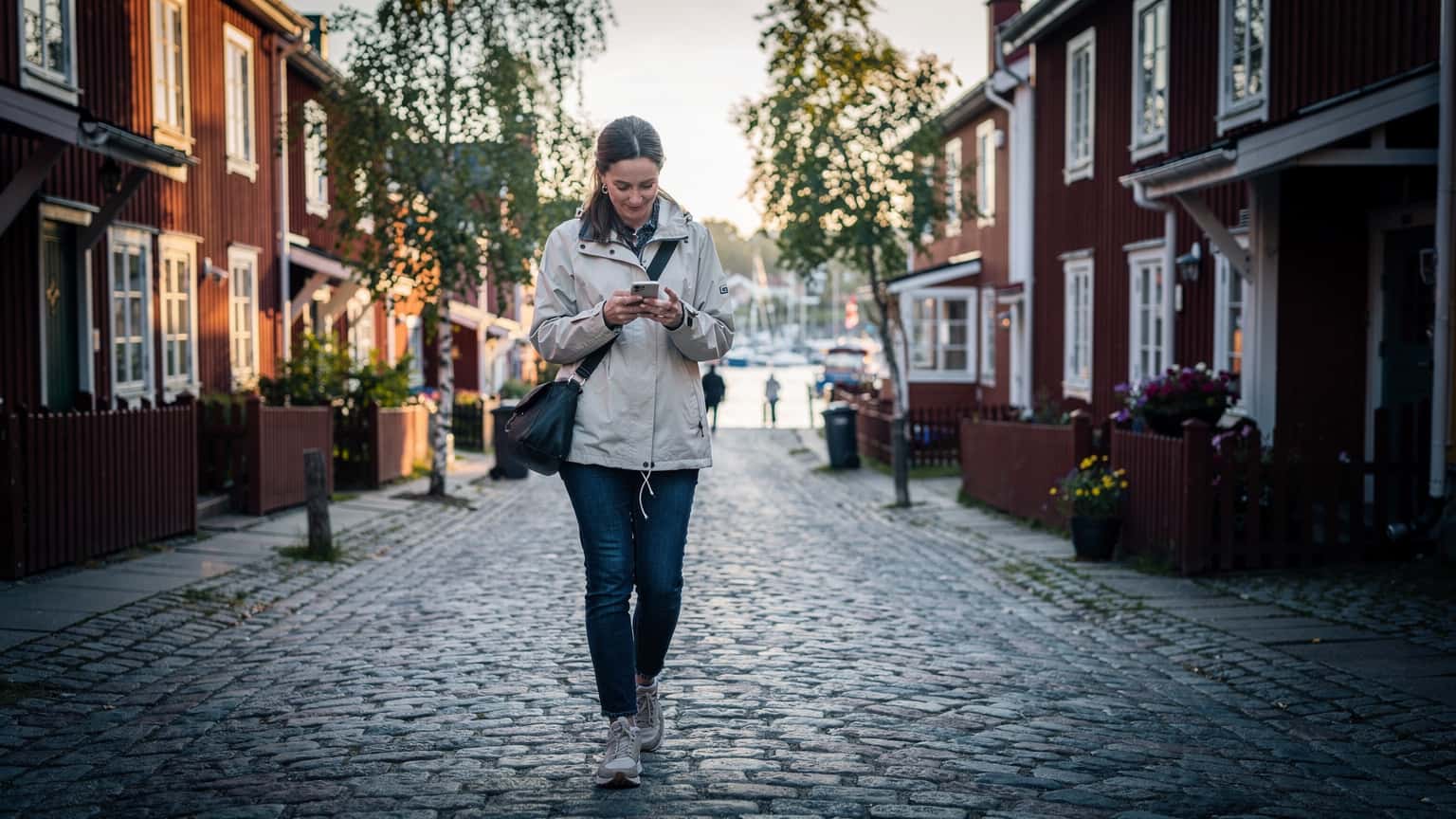 A woman confidently walking through the charming, historic streets of Mariehamn, Aland Islands, with her smartphone visible in her hand, framed by traditional wooden houses.