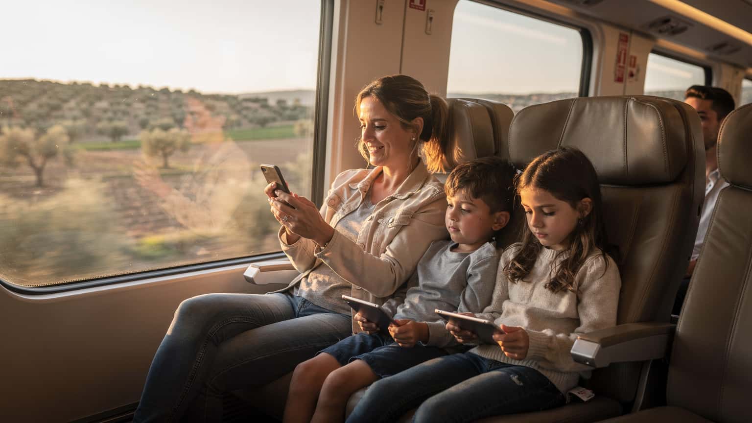 Una madre sonriente con sus dos hijos, uno de ellos con una tablet, sentados en un tren AVE moderno que viaja por la campiña española, el sol de la tarde filtrándose por la ventana.